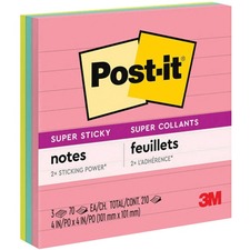 Post-it Super Sticky Adhesive Note - 4" x 4" - Square - 70 Sheets per Pad - Miami - Repositionable, Adhesive, Recyclable - 3 / Pack