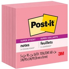 Post-itÂ® Super Sticky Notes, 3 in x 3 in, Neon Pink, 5 Pads/Pack, 90 Sheets/Pad - 3" x 3" - Square - 90 Sheets per Pad - Neon Pink - Adhesive, Sticky, Recyclable - 5 Pack