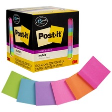 Post-itÂ® Super Sticky Notes - 15 - 3" x 3" - Square - 45 Sheets per Pad - Neon Orange, Tropical Pink, Power Pink, Iris, Blue Paradise, Neon Green Limeade - Adhesive, Recyclable - 15 / Pad