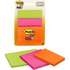 Post-itÂ® Super Sticky Adhesive Note - 2.99" x 2.99" , 2.99" x 4.02" , 2.01" x 2.99" - Rectangle, Square - 45 Sheets per Pad - Neon Orange, Neon Green, Fuchsia - 3 / Pack