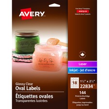 Avery&reg; Print-to-the-Edge Oval Labels 1-1/2" x 2-1/2" Glossy Clear 144/pkg - - HeightPermanent Adhesive - Oval - Laser, Inkjet - Clear - 18 / Sheet - 144 / Pack