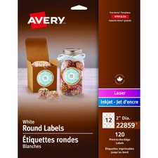 Avery&reg; Print-to-the-Edge Round Labels 2" Matte White 120/pkg - - HeightPermanent Adhesive - Round - Laser, Inkjet - White - 12 / Sheet - 120 / Pack