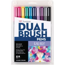 Tombow Dual Brush Pen Art Markers, Galaxy, 10-Pack - Fine, Medium, Bold Pen Point - Brush, Fine Marker Point - Rose Pink, Light Orange, Green, Turquoise, Cool Gray, Lamp Black, Purple Sage, Royal Purple, Rhodamine Red, Jet Blue Ink - Water Based - Nylon Tip - 10 / Pack
