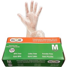 Globe Disposable Deli Gloves Medium Clear 500/box - 1.50 mil (0.04 mm) Thickness x 9.06" (230.12 mm) Glove Length - Medium Size - For Right/Left Hand - Clear - Water Proof, Breathable, Latex-free, BPA-free - For Cooking, Cleaning, Food Handling, Dishwashing, Janitorial Use, General Purpose, Maintenance, Safety, Laundry - 500 / Box