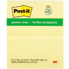 Post-it® Adhesive Note - 3" x 5" - Rectangle - Plain - Yellow - Self-adhesive - 12 / Pack - Recycled