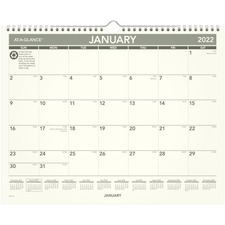 AT-A-GLANCEÂ® Monthly Wall Calendar, 15" x 12", 100% Recycled, January To December 2022, PMG7728 - Medium Size - Julian Dates - Monthly - 12 Month - January 2022 - December 2022 - 1 Month Single Page Layout - 15" x 12" White Sheet - Twin Wire - Green, White - Paper, Board - Bleed Resistant Paper, Unruled Daily Block, Hanging Loop, Durable, Sturdy Back, Appointment Schedule, Eco-friendly - 1 Each