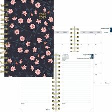 Blueline Blossom Academic 12-Month Daily Planner, 8" x 5" , English, Navy - Academic - Daily, Monthly - 12 Month - August 2025 to July 2026 - 7:00 AM to 7:30 PM - Half-hourly - 5" (127 mm) x 8" (203.20 mm) Sheet Size - Twin Wire - Gold, Navy - Gold Poly, Translucent Cover - 0.7" (17.78 mm) Height x 5.5" (139.70 mm) Width - Bilingual, Notes Area, Appointment Schedule, Three Year Calendar, Periodic Table, Important Date, Multiplication Table, Maps, Metric Conversion, Durable Cover, Yearly Pla