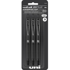 uniballâ„¢ 207 Plus+ Retractable Gel Pens - Retractable - Black Gel-based, Nanofiber Ink, Pigment-based Ink - 3 / Pack