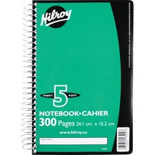 Hilroy Notebook - 5 Subject(s) - 300 Pages - Spiral - 9.50" (241.30 mm) Height x 8" (20.32 cm) Width - 1 Each