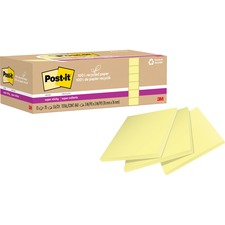 Post-it® Recycled Super Sticky Notes - 70 - 3" x 3" - Square - 70 Sheets per Pad - Canary Yellow - Adhesive - 12 / Pack - Recycled