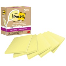 Post-itÂ® Recycled Super Sticky Notes - 70 - 3" x 3" - Square - 70 Sheets per Pad - Canary Yellow - Adhesive - 5 / Pack - Recycled