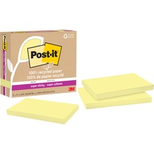 Post-itÂ® Recycled Super Sticky Notes - 90 - 3" x 5" - Rectangle - 90 Sheets per Pad - Canary Yellow - Adhesive - 5 / Pack
