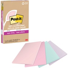 Post-it® Super Sticky Adhesive Note - 4" x 6" - Rectangle - 45 Sheets per Pad - Ruled - Wanderlust Pastels - Repositionable, Recyclable - 4 / Pack - Recycled