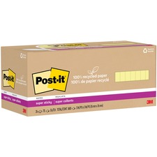 Post-it® Super Sticky Adhesive Note - 3" x 3" - Square - 70 Sheets per Pad - Plain - Canary Yellow - Repositionable, Recyclable - 24 / Pack - Recycled