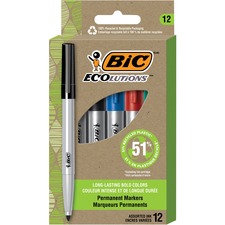BIC Ecolutions Permanent Marker, 51% Recycled Plastic, 100% Recycled Packaging, Assorted Colours, 12-Count - 4.2 mm Marker Point Size - Bullet Marker Point Style - Blue, Green, Black, Red - 12 / Pack