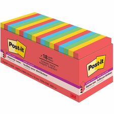 Post-it Adhesive Note - 3" x 3" - 90 Sheets per Pad - Blue Paradise, Candy Apple Red, Lucky Green, Sunnyside - Super Sticky, Repositionable, Removable, Recyclable - 18 / Pack
