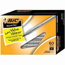 BIC Round Stic Ballpoint Pens - Medium Pen Point - Black - Black Barrel - Brass Tip