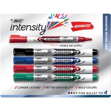 BIC Intensity Advanced Dry Erase Markers, Fine Point, Assorted Colours, 4-Count Pack, Dry Erase Markers for College Supplies and School Supplies - Fine, Bold Marker Point - 4.2 mm Marker Point Size - Chisel Marker Point Style - Black, Blue, Green, Red Liquid Ink - 4 / Pack