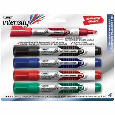 BIC Intensity Advanced Dry Erase Markers, Tank Style, Chisel Tip, Assorted colours, 4-Count Pack, Dry Erase Markers for College Supplies and School Supplies - Chisel Marker Point Style - Assorted - 4 / Pack