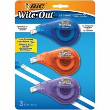 BIC Wite-Out Brand EZ Correct Correction Tape, 11.9 Metres, 3-Count Pack of white Correction Tape, Fast, Clean and Easy to Use Tear-Resistant Tape Office or School Supplies - 0.16" (4.06 mm) Width x 39.3 ft Length - 1 Line(s) - Tear Resistant, Film-based, Self-winding, Rubber Grip, Comfortable, Tip Guard, Non-refillable - 3 / Pack