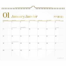 Cambridge Workstyle Monthly Wall Calendar - Medium Size - 12 Month - January 2024 - December 2024 - 1 Month Single Page Layout - Twin Wire - White, Gray, Gold - 15" Height x 12" Width - Bilingual, Unruled Daily Block, Planning Space, Holiday Listing, Hang