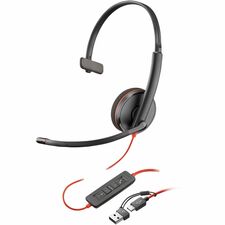 Poly Blackwire 3210 Monaural USB-C Headset +USBC/A Adapter - Mono - USB Type C, Mini-phone (3.5mm) - Wired - 32 Ohm - On-ear - Monaural - Ear-cup - 5.2 ft (1.58 m) Cable - Omni-directional Microphone - Noise Canceling - Black