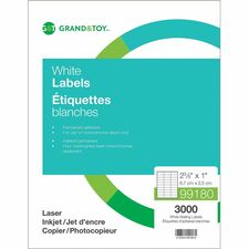 Grand & Toy Mailing Laser Labels, White, 2 5/8" x 1" , 30 Labels/Sheet, 100 Sheets per Box - 2 5/8" (66.68 mm) Height x 1" (25.40 mm) Width - Permanent Adhesive - Laser - White - Permanent Adhesive - 30 / Sheet - 100 Total Sheets - 3000 Total Label(s) - 100