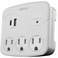 Woods 3-Outlet/USB A & C Ports Surge Wall Tap - White - 3 x AC Power, 1 x USB Type A, 1 x USB Type C - 1.80 kVA - 560 J - 120 V AC Input