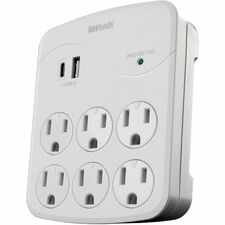 Woods 6-Outlet Surge Tap, 1000 Joules, 2 USB - White - 1 x USB Type A, 1 x USB Type C, 6 x AC Power - 1.80 kVA - 1000 J - 120 V AC Input