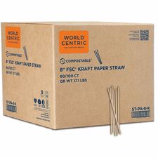 Compostable Kraft Paper Straws, 8", Natural, 100/Pack, 60/Carton