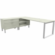 HDL Levels L shaped desk with Mobile Pedestal, Winter Wood , Silver, 59-1/4" x 65" - 29" (736.60 mm) Height x 71" (1803.40 mm) Width x 92.8" (2355.85 mm) Depth - Total Drawer(s): 2 - Material: Metal, Laminate - Finish: Laminate, Winter Wood - Privacy Panel, Storage Space, Lockable, Locked Storage Unit, Lockable Drawer - For Business, Office, Home Office, Commercial - 1 Unit