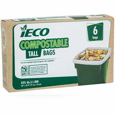 iECO Tall 46.5 L Compostable Garbage Bags, Beige, 6/PK - 46.50 L Capacity - 29.90" (759.46 mm) Length x 28" (711.20 mm) Width - Beige - Garbage - 6 / Pack