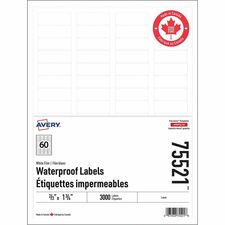 Avery&reg; Rectangle Waterproof Labels with Sure Feed Technology - Waterproof - 21/32" (16.76 mm) Width x 1 3/4" (44.45 mm) Length - Permanent Adhesive - Rectangle - Laser - White - Film - Water Resistant - Tear Resistant, Scuff Resistant, Durable, Smudge Resistant - 60 / Sheet - 3000 Total Label(s) - 3000 / Pack