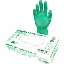 RONCO Earth Recycled PET Vinyl Examination Gloves - 3 mil (0.08 mm) Thickness x 9.45" (240 mm) Glove Length - Allergy Protection - Vinyl Coating - Medium Size - For Right/Left Hand - Vinyl, Recycled Polyethylene Terephthalate (R-PET) - Green - Lightweight, Comfortable, Latex-free, Non-sterile, Food Safe, Odor-free - For Examination, Beauty Salon, Food Processing, Pharmaceutical, Hospitality, Veterinary, Food Service, Laboratory - 1000 Case - 100 / Box