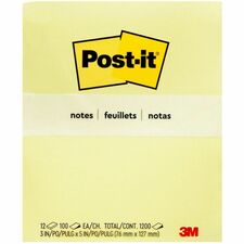Post-it® Original Notes, Canary Yellow, 3" x 5" , 100 Sheets/Pad, 12 Pads/PK - 1200 x Canary Yellow - 3" (76.20 mm) Flag/Note Width x 5" (127 mm) Flag/Note Length - Rectangle - 100 Sheets per Pad - Canary Yellow - Paper - Removable, Recyclable, Residue-free, Sticky - 12 / Pack