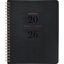 At-A-Glance 2026 Signature Weekly/Monthly Planner - 11" H x 8-3/8" W - Black - Bilingual - Weekly, Monthly - 13 Month - January 2026 to January 2027 - 1 Week, 1 Month Double Page Layout - 8 3/8" (212.60 mm) x 11" (279.40 mm) Sheet Size - Spiral Bound - Black - Black Faux Leather Cover - Monthly Tab, Contact Sheet, Holiday Listing, Note Page, Double-sided Pocket - 1 Each
