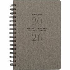 At-A-Glance 2026 Signature Weekly/Monthly Planner - 8-1/2" H x 5-3/8" W - Grey - Bilingual - Weekly, Monthly - 13 Month - January 2026 to January 2027 - 1 Week, 1 Month Double Page Layout - 6" (152.40 mm) x 8 1/2" (215.90 mm) Sheet Size - Spiral Bound - Gray Faux Leather Cover - Double-sided Pocket, Holiday Listing, Reference Calendar, Monthly Tab, Contact Sheet, Note Page - 1 Each
