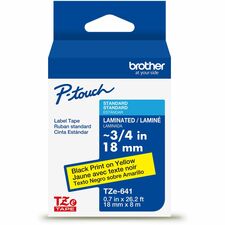 Brother Genuine P-touch TZe641 BK on YL Label Tape, Laminated, 18mmX8m - 45/64" (18 mm) Width - Yellow - Laminated - Water Resistant - Durable, Abrasion Resistant, Chemical Resistant, Grease Resistant, Grime Resistant, Temperature Resistant, Fade Resistant, Split Backing, Easy Peel, Strong Adhesive - 1 Each