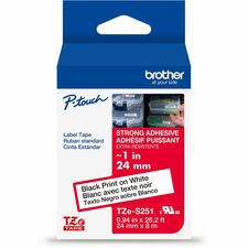 Brother Genuine P-touch TZeS251 BK on WHT Label Tape, Strong Adhesive Lam., 24mmX8m - 15/16" (24 mm) Width - White - Laminated - Water Resistant - Durable, Abrasion Resistant, Chemical Resistant, Grease Resistant, Grime Resistant, Temperature Resistant, Fade Resistant, Split Backing, Easy Peel, Strong Adhesive - 1 Each
