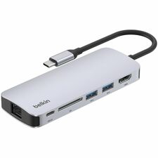 Belkin 6-Port USB-C Hub - USB-C to 2xUSB-A, 1xUSB-C, 1xEthernet, 1x8K HDMI, 1xSD Reader - Docking Station - Grey - for Notebook, Desktop PC, Tablet PC, Smartphone, Monitor - Memory Card Reader - SD - USB Type C - 4K, 4K @ 60Hz, 4K UHD - 3840 x 2160 - 3 x USB Ports - 2 x USB Type-A Ports - USB Type-A - 1 x USB Type-C Ports - USB Type-C - Network (RJ-45) - HDMI - Wired - Gigabit Ethernet - Windows, macOS, ChromeOS, iPadOS - 100W - Portable