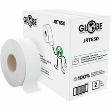 Globe Jumbo Roll Toilet Tissue - 2 Ply - Jumbo - 8.66" (219.96 mm) Roll Diameter - 3.30" (83.82 mm) Core - Fiber - 8 Pack