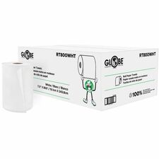 Globe Roll Towel - White - 1 Ply - 7.50" (190.50 mm) Roll Diameter - 1.88" (47.63 mm) Core - White - Paper, Fiber - 6 Pack