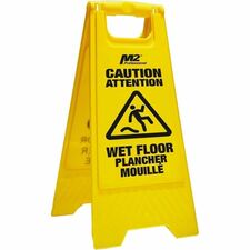M2 Professional 24" Economy Caution Wet Floor Sign - English / French - English, French - Print/Message "Caution Wet Floor" - 12.52" (318 mm) Width x 28.50" (724 mm) Height - Floor - Double Sided - Heavy Duty, Durable, Foldable - Safety - Plastic - Bright Yellow - 6 Pack