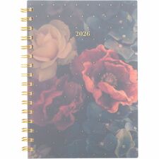 Cambridge Midnight Garden Weekly/Monthly Planner, 8-1/2" x 5-1/2" , Bilingual - Small - Weekly, Monthly - 12 Month - January 2026 to December 2026 - 1 Week, 1 Month Double Page Layout - 5 1/2" (139.70 mm) x 8 1/2" (215.90 mm) Sheet Size - Spiral Bound - Multicolor - Clear Polypropylene, Poly Cover - Sticker Sheet, Floral Design, Monthly Tab, Durable, Water Resistant Cover, Monthly Planner, Daily Block, Reference Calendar, Tabbed, Planning Space, Holiday Listing, ... - 1 Each
