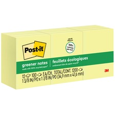 Post-it® Greener Notes - 1200 - 1.50" x 2" - Rectangle - 100 Sheets per Pad - Unruled - Yellow - Paper - Self-adhesive, Repositionable - 12 / Pack
