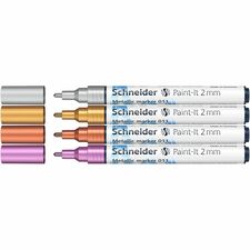 Schneider Paint-It 011 Metallic Marker, 2 mm Tip, High-Opacity Metallic Finish, Fast-Drying Ink, Multi-Surface Use, Eco-Friendly, Made in Germany - 2 mm (0.08") Marker Point - Silver, Gold, Copper, Metallic Violet Ink - 4 Wallet