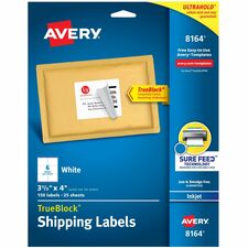 Avery® Shipping Labels, Sure Feed, 3-1/3" x 4" , 150 White Labels (8164) - 3 21/64" Width x 4" Length - Permanent Adhesive - Rectangle - Inkjet - White - Paper - 6 / Sheet - 25 Total Sheets - 150 Total Label(s) - 150 / Pack - Permanent Adhesive, Jam Resistant, Customizable