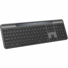 Logitech Signature Slim Solar+ Keyboard - Wireless Connectivity - Bluetooth - Full-size - 32.81 ft (10000 mm) - USB Type A, USB Type C Interface - Action Center, On/Off Switch, Easy-Switch, AI Launch Hot Key(s) - Windows 10, Windows 11, Mac OS X 12.0 Monterey, iPadOS 15, iOS 15, Android 12, Linux, ChromeOS - Computer, Smartphone, Tablet, Mouse, Notebook - Mac, PC - Recycled Plastic - Graphite