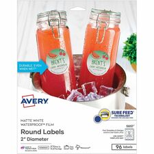 Avery 2 Waterproof Round Labels - Waterproof - x 2 Diameter - Round - Inkjet, Laser - White Matte - Polyester Film - 12 / Sheet - 96 / Pack