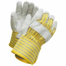 RONCO Care Gloves - Large - Large Size - Grain Leather - Yellow, Blue - Reinforced Fingertip, Knuckle Strap, Reinforced Cuff, Comfortable - For Assembly, Finished Goods, Landscaping, Warehouse, Inventory, General Labor, Industrial - 12 / Pack